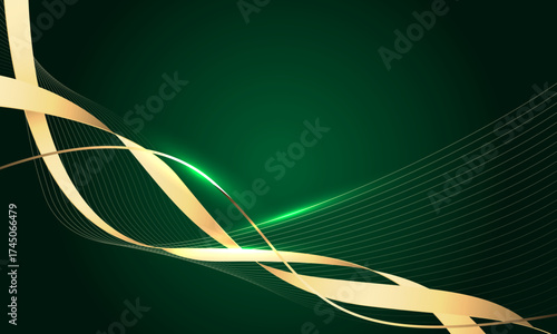 Abstract golden ribbon wave curve overlap on green with blank space design luxury background vector