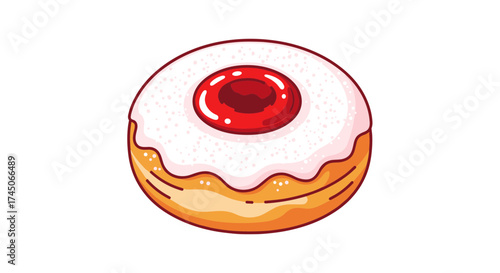 Sweet jelly donut with white icing and red jam center.