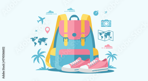Travel Backpack and Shoes Adventure Awaits.