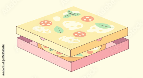 Two pizza boxes stacked on top of each other one yellow and one pink with a pizza visible inside the top box.