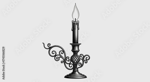 Vintage Ornate Candlestick with a Burning Candle.
