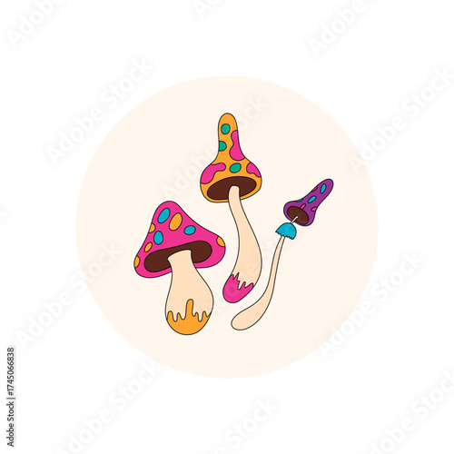 Groovy psychedelic mushroom with retro cartoon graphic style forms the main subject in this colorful circle sticker label. Y2k shroom design for package lid and box seal, creative product tag.