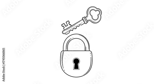 Vintage style padlock and ornate key sketch on white background.