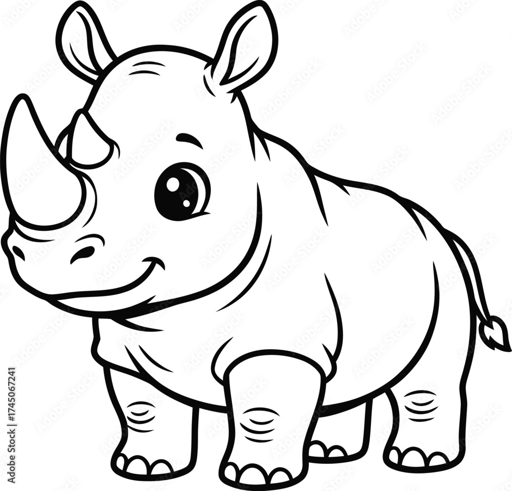 Naklejka premium Cute rhinoceros cartoon kids coloring page, simple black and white line art for children activity