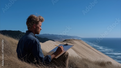 Young man sitting on a sand dune overlooking the ocean. he is holding a clipboard and a pen in his hands and appears to be writing or drawing on it.
