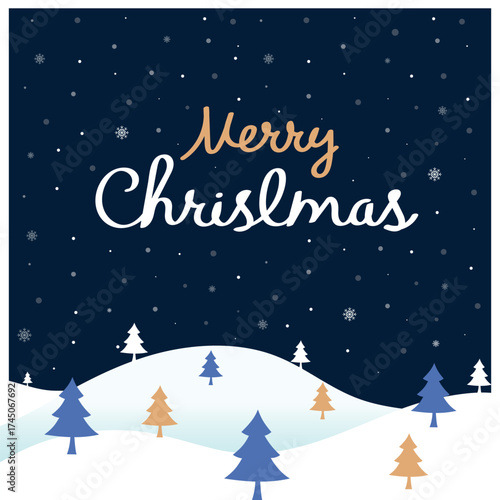 Merry Christmas and Happy New Year greeting card with Christmas trees and snow on blue background. Winter festive vector illustration.