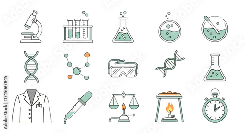 Collection of hand drawn scientific icons and symbols representing research and discovery in a clean and simple style