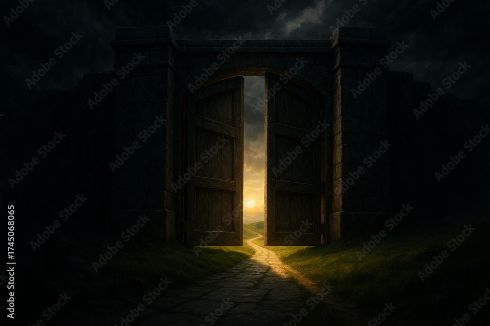 custom made wallpaper toronto digitalOpen gate with glowing sunset and winding path leading to bright horizon, symbolizing hope and new beginnings in dark, mysterious environment