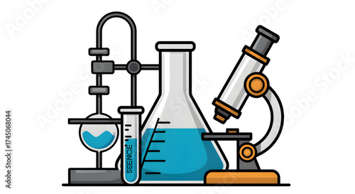 Scientific laboratory equipment including a flask test tube microscope and distillation apparatus on a white background