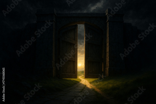 Wallpaper Mural Open gate with glowing sunset and winding path leading to bright horizon, symbolizing hope and new beginnings in dark, mysterious environment Torontodigital.ca