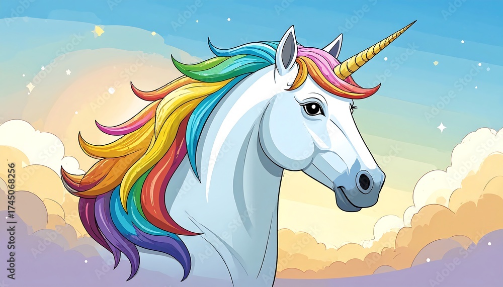 Fototapeta premium Rainbow unicorn profile, sunset sky