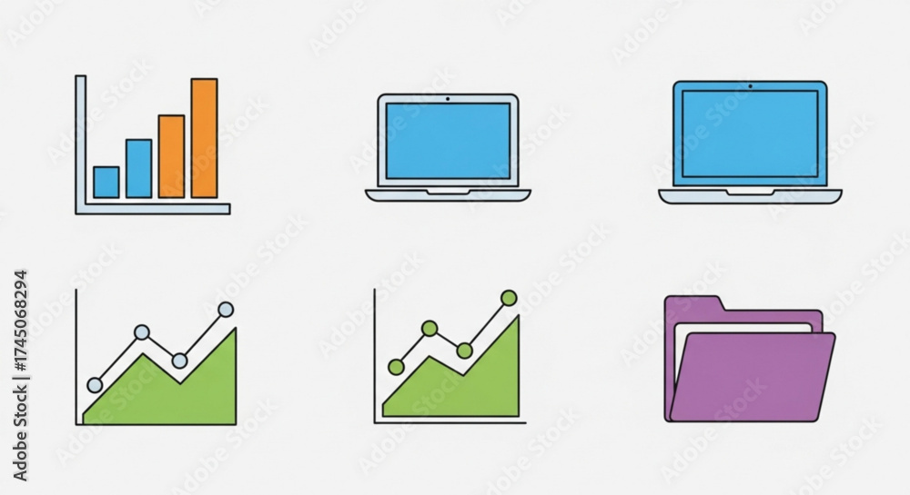 Obraz premium Collection of six simple flat icons representing business analytics data charts laptops and a folder for digital information and financial reporting