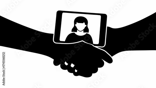 Two hands shaking with a tablet displaying a woman in the middle in black and white graphic