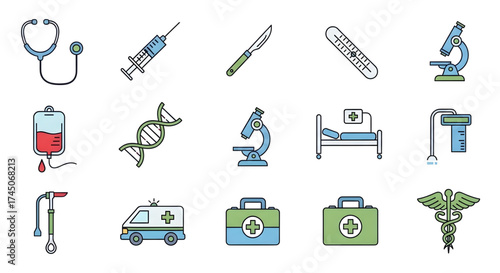Collection of hand drawn medical icons representing healthcare and science symbols including a stethoscope syringe microscope and dna strand