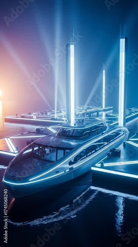 Futuristic Yacht Illuminated with Neon Lights in a Night Scene.