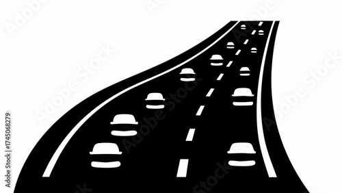 Illustration of a black highway with multiple cars and a dashed line in the middle on a white background