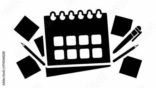 Illustration of a calendar with memo notes and writing tools such as a pen and pencil on a white background