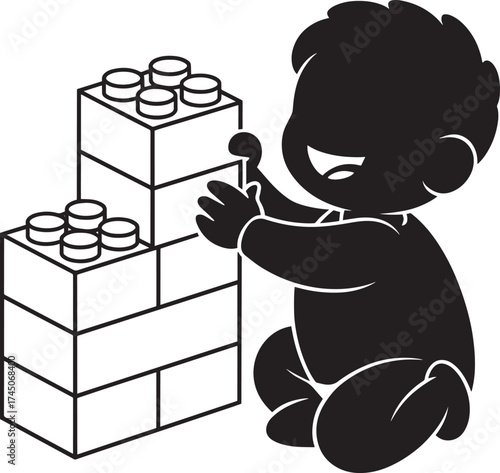 Black silhouette of a baby building with blocks child playing