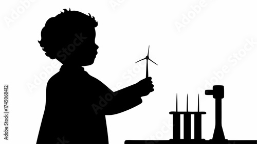 Silhouette of a child holding a small wind turbine next to some scientific equipment on a table top
