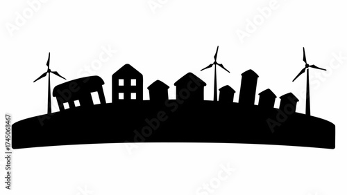 Silhouette of a rural town with houses and wind turbines on a curved horizon line in black and white