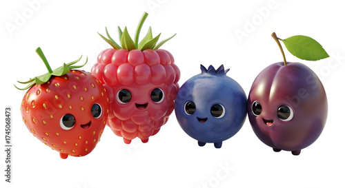 Four adorable cartoon fruits a strawberry raspberry blueberry and plum stand together with happy faces and tiny legs representing friendship and healthy eating