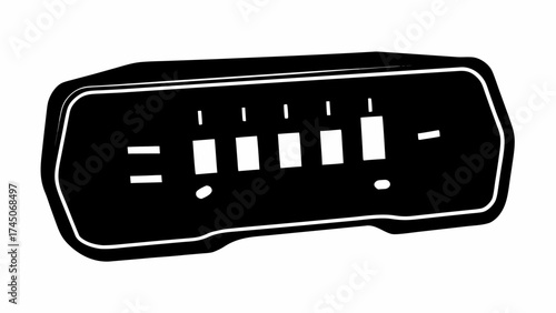 Illustration of a black and white car dashboard with multiple switches and indicators displayed clearly