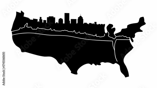 Black silhouette of the united states map with a cityscape along the top border and white lines