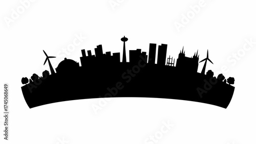 Silhouette of a city skyline with buildings, a tower, and wind turbines against a white background view