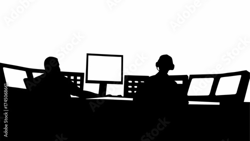 Silhouette of two people working at computers in a dark room with multiple screens and a headset shown