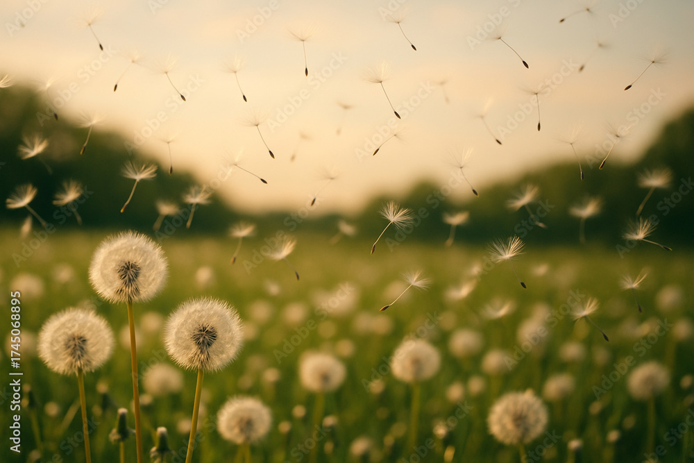 custom made wallpaper toronto digitalDandelion seed flying in breeze over green field at sunset, creating peaceful and natural scene with soft warm light and gentle movement
