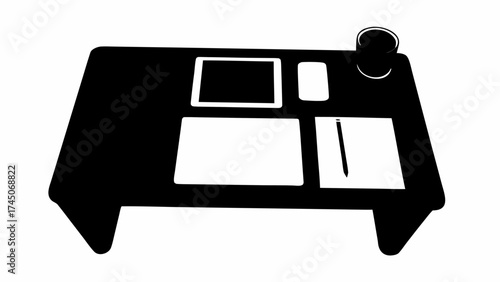 Black and white illustration of a desk with a tablet phone paper pen and coffee cup on it in monochrome
