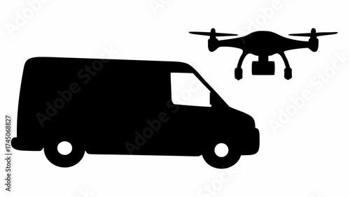 Silhouette of a delivery van with a drone flying above it against a white background in a simple illustration