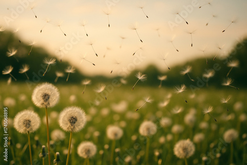 Wallpaper Mural Dandelion seed flying in breeze over green field at sunset, creating peaceful and natural scene with soft warm light and gentle movement Torontodigital.ca