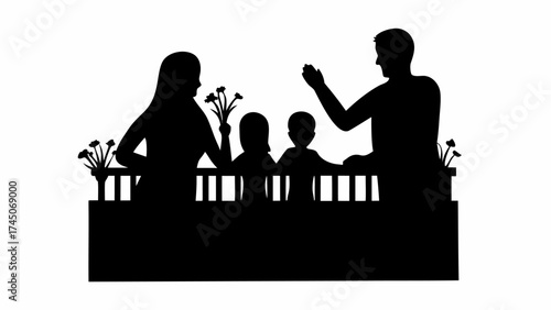 Silhouette of a family on a balcony with flowers and a waving father figure in black and white design