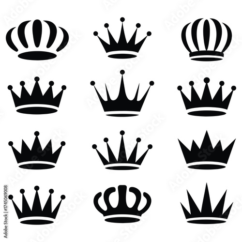 Black Crown Icon Vector Set: Royalty, King, Queen, and Power Symbols, set of crowns vector