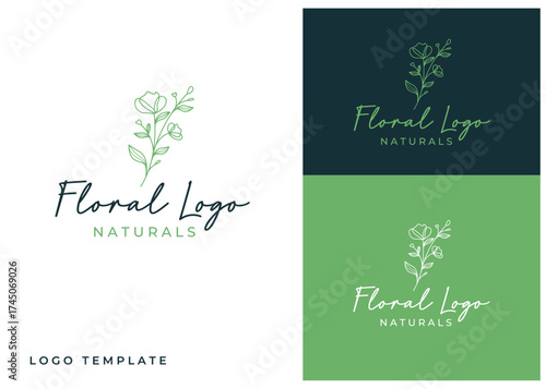 Flower and nature plant vector logo with line art style, minimalist logo suitable for flower plantation and brand