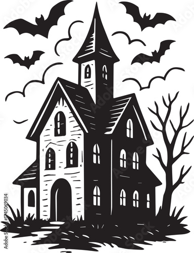A captivating Halloween illustration depicts a foreboding haunted house silhouetted against a spooky sky, inviting a sense of mystery and thrill.