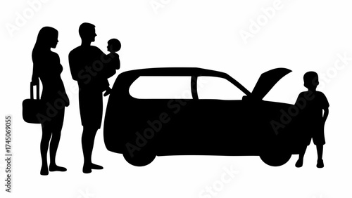 Silhouette of a family standing next to a car with the hood open and a child looking at it carefully