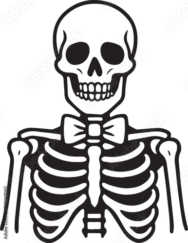 A distinguished skeleton in black tie, ready for a stylish occasion or a festive celebration. The artwork presents a refined and playful perspective of mortality.