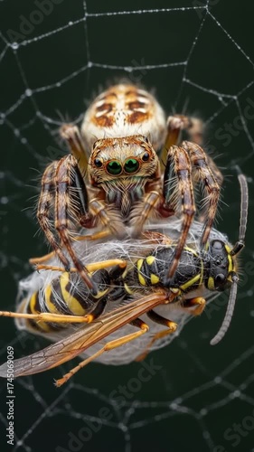 Spider Captures Wasp in Web - A Natures Deadly Dance.