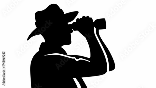 Silhouette of a person wearing a hat and using binoculars against a white background looking forward