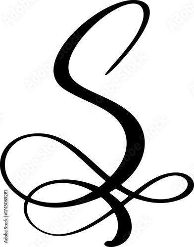 Black calligraphic vector letter S hand drawn forming part an elegant alphabet and initial projects for design