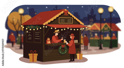 A charming flat design illustration depicting a cozy Christmas market stall, where a vendor serves a warm drink to a customer under festive, minimalist lights. 