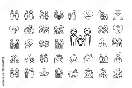 Family & Relationship Line Icons Set. Vector illustration in modern thin line style of love, parenting, and social connection concepts. Isolated on transparent background.