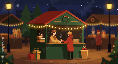 A charming flat design illustration depicting a cozy Christmas market stall, where a vendor serves a warm drink to a customer under festive, minimalist lights. 