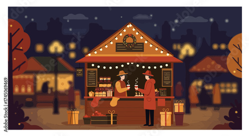 A charming flat design illustration depicting a cozy Christmas market stall, where a vendor serves a warm drink to a customer under festive, minimalist lights. 