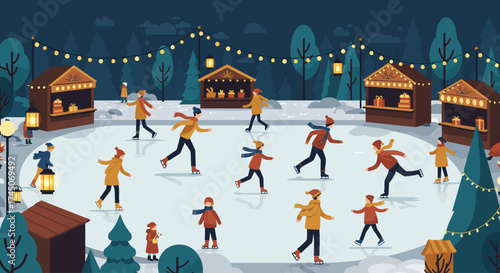 This flat design vector illustration captures the joyful atmosphere of an outdoor ice skating rink set within a vibrant Christmas market. Skaters enjoy the holiday season surrounded by festive market.