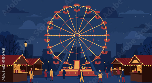 A captivating flat design illustration featuring an iconic Ferris wheel or carousel, serving as a vibrant centerpiece at a bustling Christmas market. This vector artwork brings a playful.