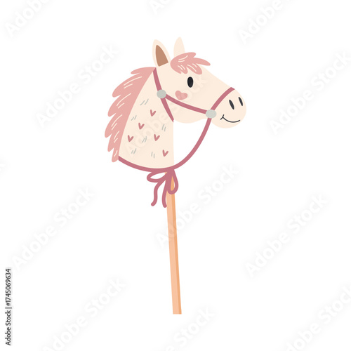 Stick horse children toy vector flat illustration on white background. Cute Horse Toy