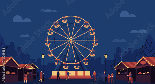 A captivating flat design illustration featuring an iconic Ferris wheel or carousel, serving as a vibrant centerpiece at a bustling Christmas market. This vector artwork brings a playful.